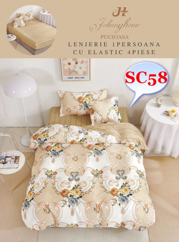 Lenjerie de pat, cearsaf cu elastic, o persoana 4 piese Finet cod-SC58