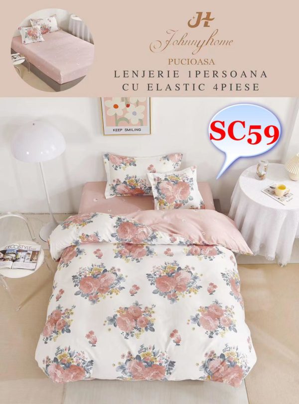 Lenjerie de pat, cearsaf cu elastic, o persoana 4 piese Finet cod-SC59