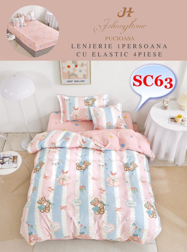 Lenjerie de pat, cearsaf cu elastic, o persoana 4 piese Finet cod-SC63