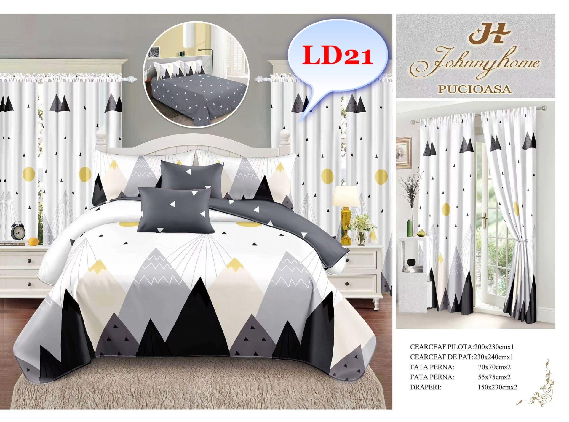 Lenjerie de pat finet cu draperii incluse cod-LD21 2 Lenjerie de Pat Finet cu Draperii – Alegerea Ideală pentru Dormitorul Perfect Descoperă setul complet de lenjerie de pat finet cu draperii, creat pentru a oferi un plus de confort și rafinament dormitorului tău. Acest set premium include tot ce ai nevoie pentru un pat elegant și un decor armonios, începând de la lenjeria fină de pat până la draperiile asortate.